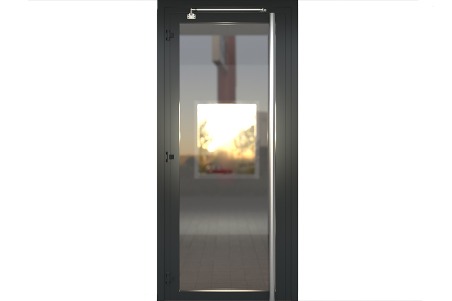 Puerta de cristal instalado sobre el tirador de barra (vista exterior) | accesorios: 205489, 205511 y 205197